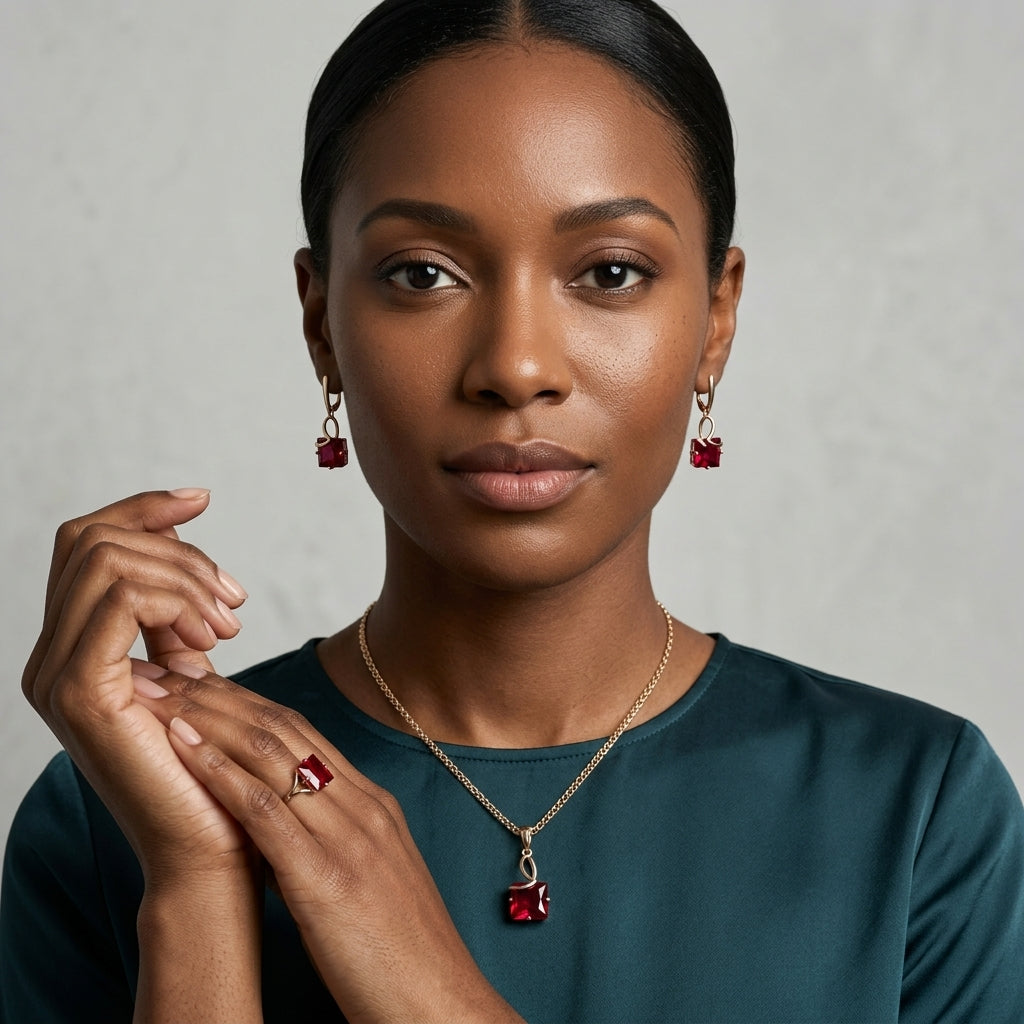 Schmuckset Rot Zirkon Ring Ohrringe Halskette 585 Roségold