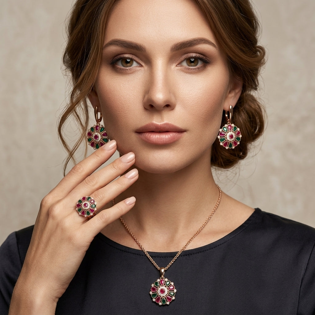 Schmuckset Blume Zirkon Ring Ohrringe Halskette 585 Roségold Ethnisch