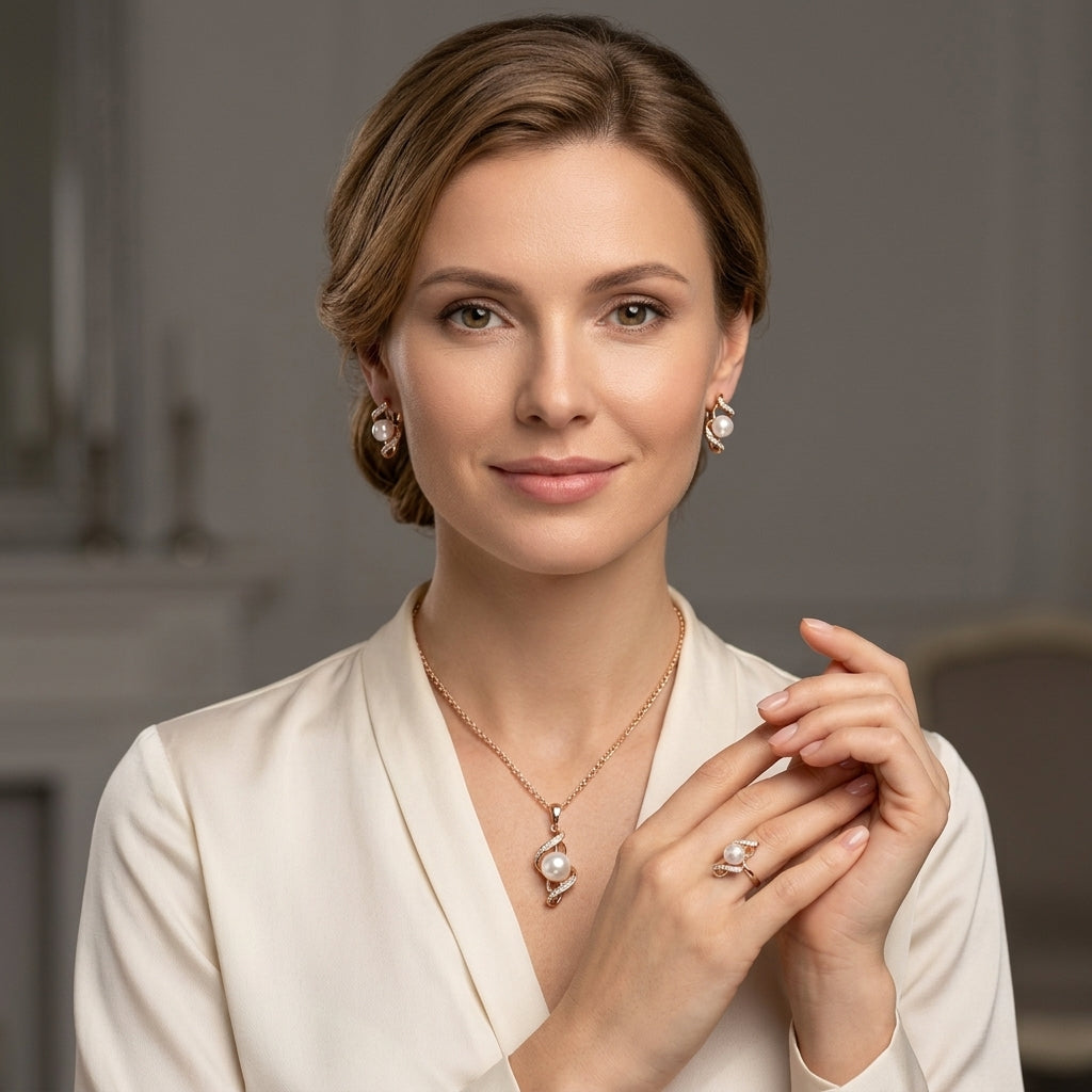 Schmuckset Perle Zirkon Ring Ohrringe Halskette 585 Roségold Hochzeit