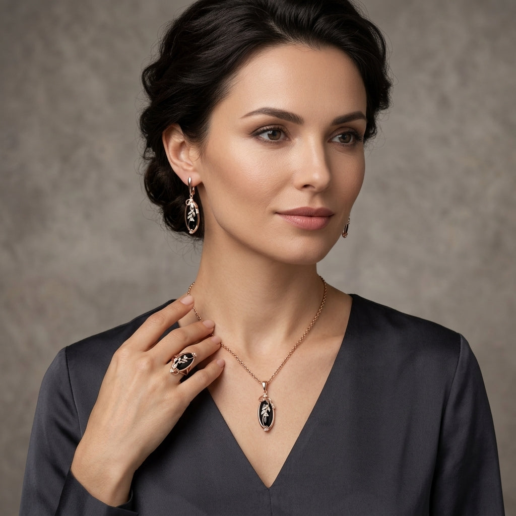 Schmuckset Großer Schwarzer Stein Ethno Roségold – Ring & Kette