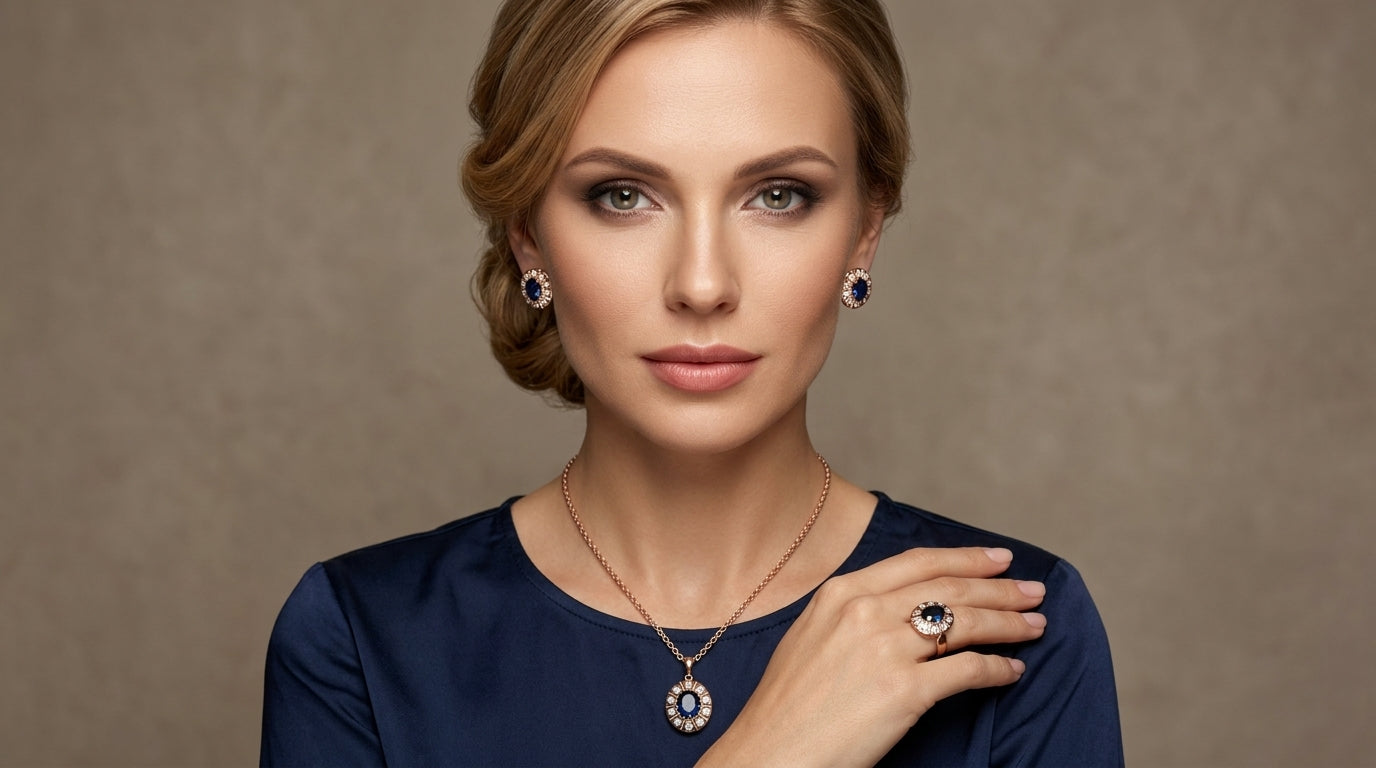 Schmuckset Lila Zirkon Blüte Vintage Roségold – Ring & Kette