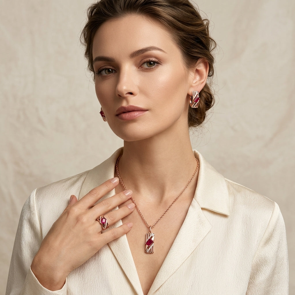 Parure Zircon Rouge Quotidien Or Rose 585 – Bague, Boucles & Collier