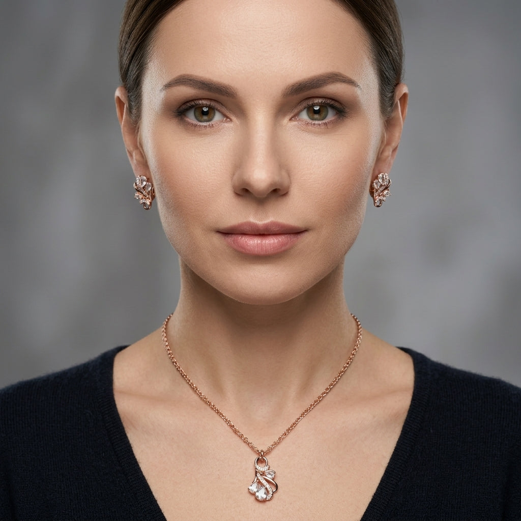 Schmuckset Ethno Hohlmuster Zirkon Braut Roségold – Ring & Kette