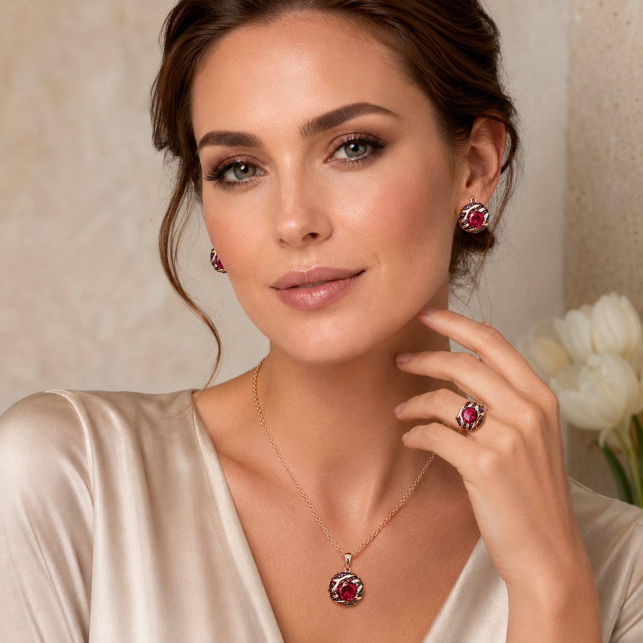 Schmuckset Roter Zirkon Schwarzgold Mix Roségold – Ring & Kette
