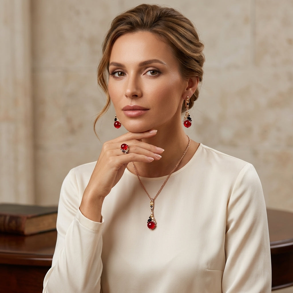 Schmuckset Roter Stein Zirkon Hochzeit Roségold – Ring & Kette
