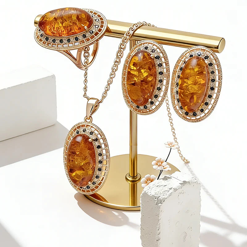 Schmuckset Ovaler Bernstein Ring Ohrringe Halskette Frauen 585 Roségold Zirkon Vintage