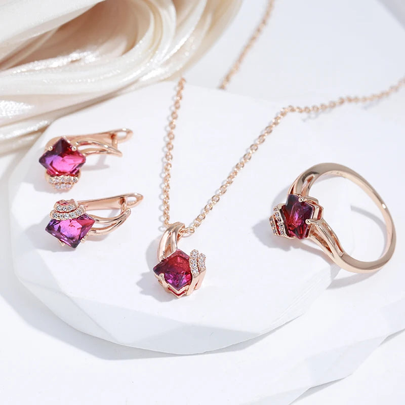 Vintage Granat Rot Natürlicher Zirkon Schmuck Sets in Eleganter Rose Gold Farbe