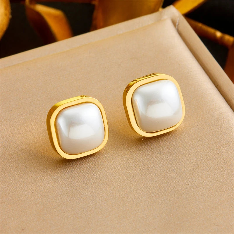 316L Edelstahl Quadrat Große Perle Halskette, Ohrringe, Ring Set für Eleganz
