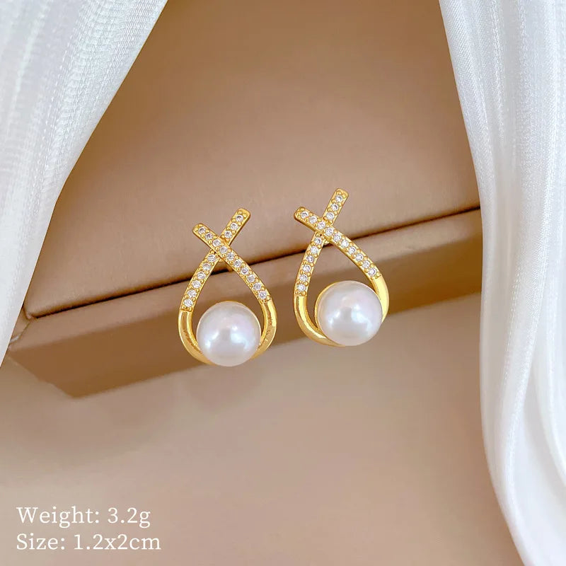 316L Edelstahl Steell Elegantes Kreuzknoten Imitation Zirkon Perlen Schmuckset