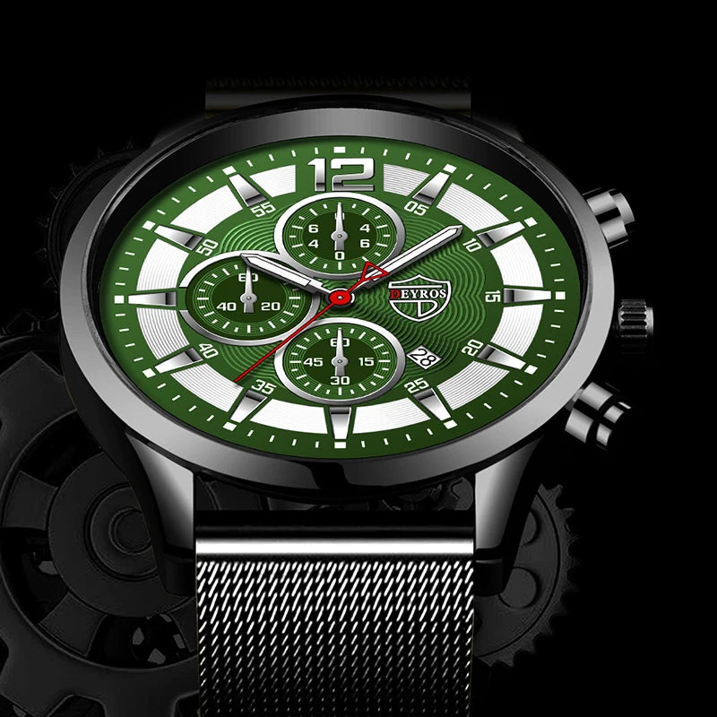 Herren Quarz Armbanduhr Set mit Lederarmband und Edelstahlgehäuse