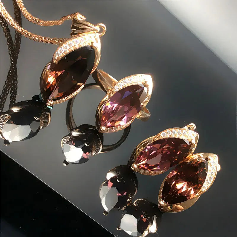 585 Lila Vergoldetes 14K Roségold Marquise Rubin Damen Schmuckset Luxus Hochzeit