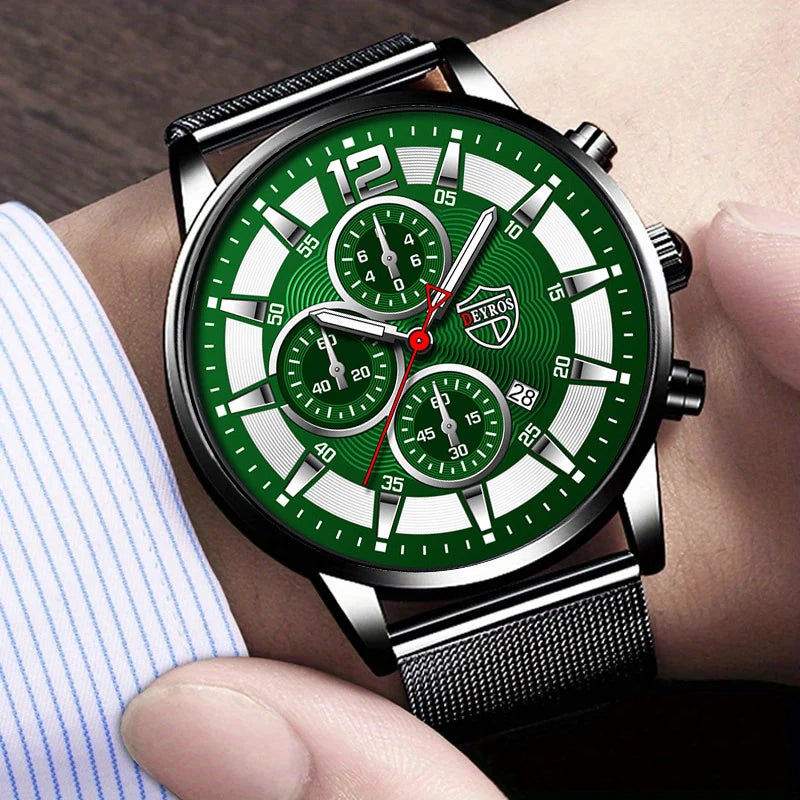 Herren Quarz Armbanduhr Set mit Lederarmband und Edelstahlgehäuse