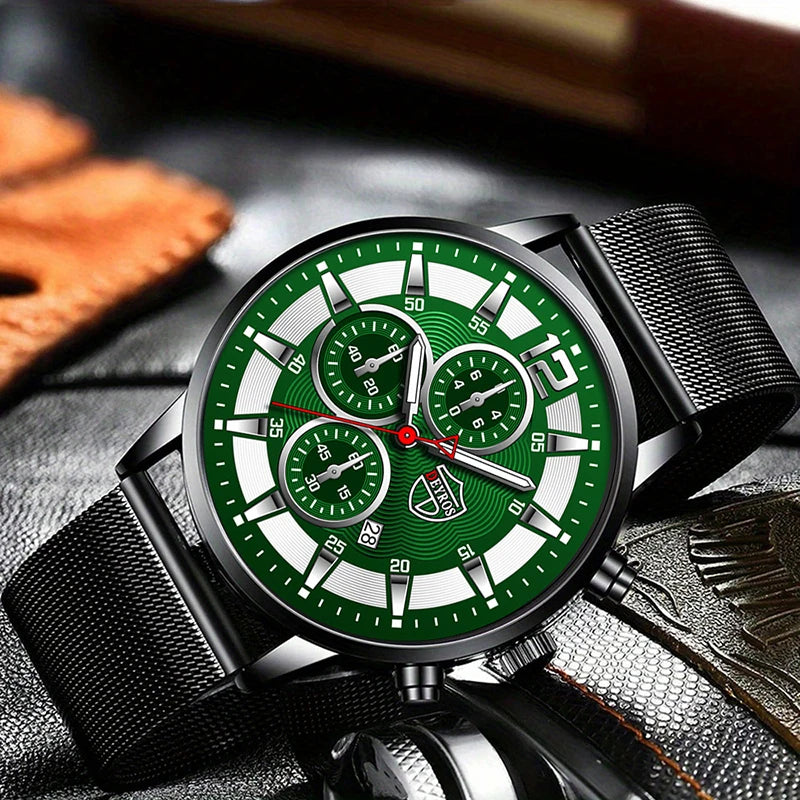 Herren Quarz Armbanduhr Set mit Lederarmband und Edelstahlgehäuse
