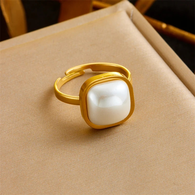 316L Edelstahl Quadrat Große Perle Halskette, Ohrringe, Ring Set für Eleganz