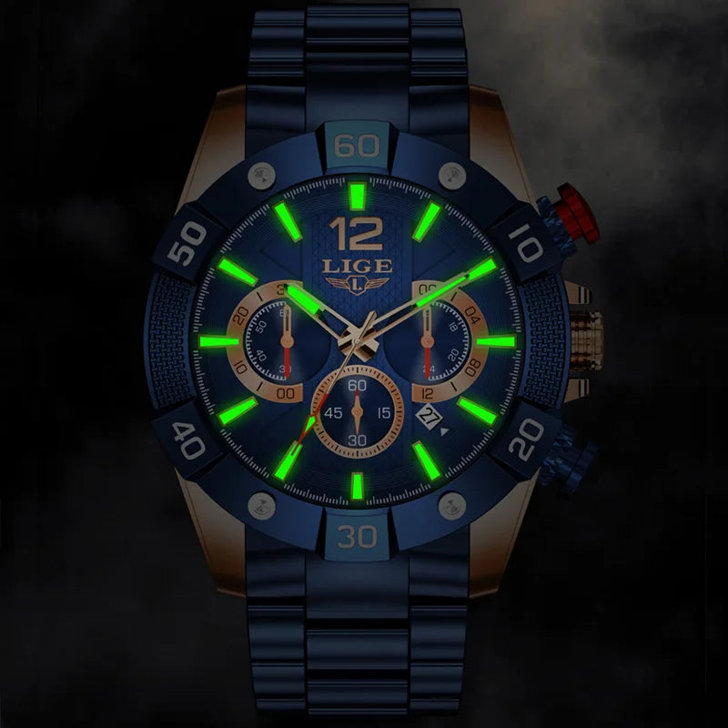 Chronograph Herrenarmbanduhr aus Edelstahl mit großem Zifferblatt und Leuchteffekt