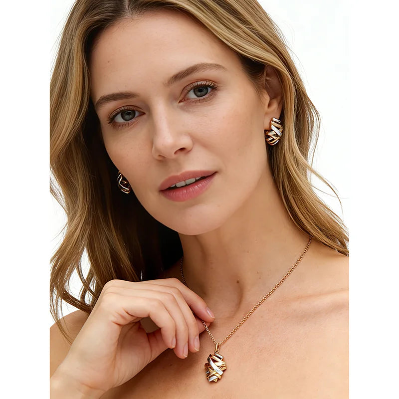 Schmuckset Kreuzlinien-Brautring Ohrringe Halskette Damen 585 Roségold Silber Farbmischung