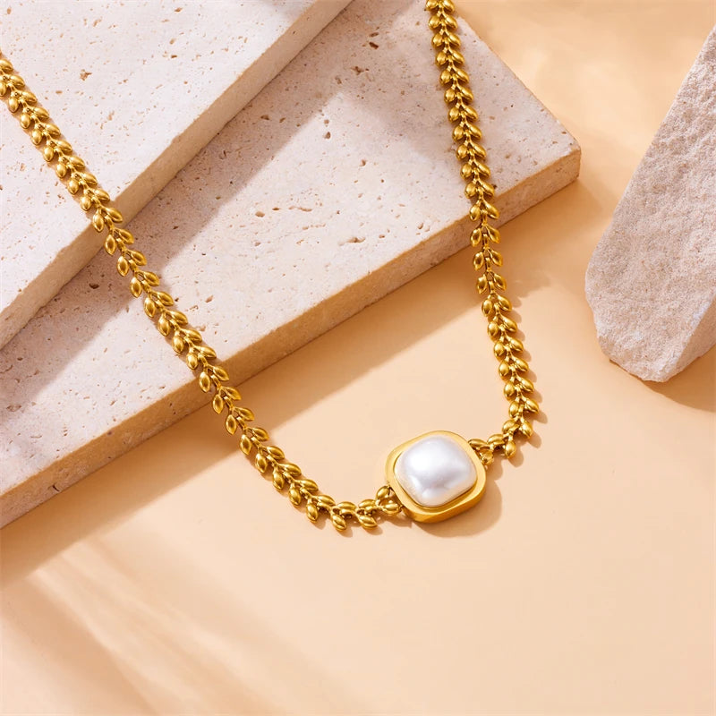 316L Edelstahl Quadrat Große Perle Halskette, Ohrringe, Ring Set für Eleganz