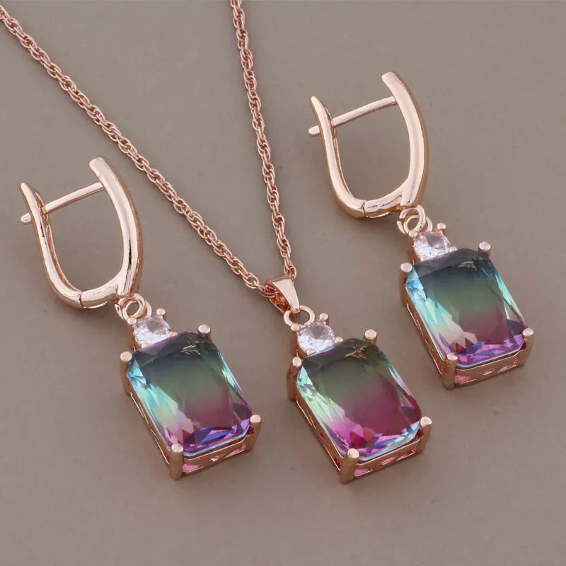Luxus Hochwertige Zirkon Quadratische Ohrringe Set 585 Roségold Schmuck für Frauen