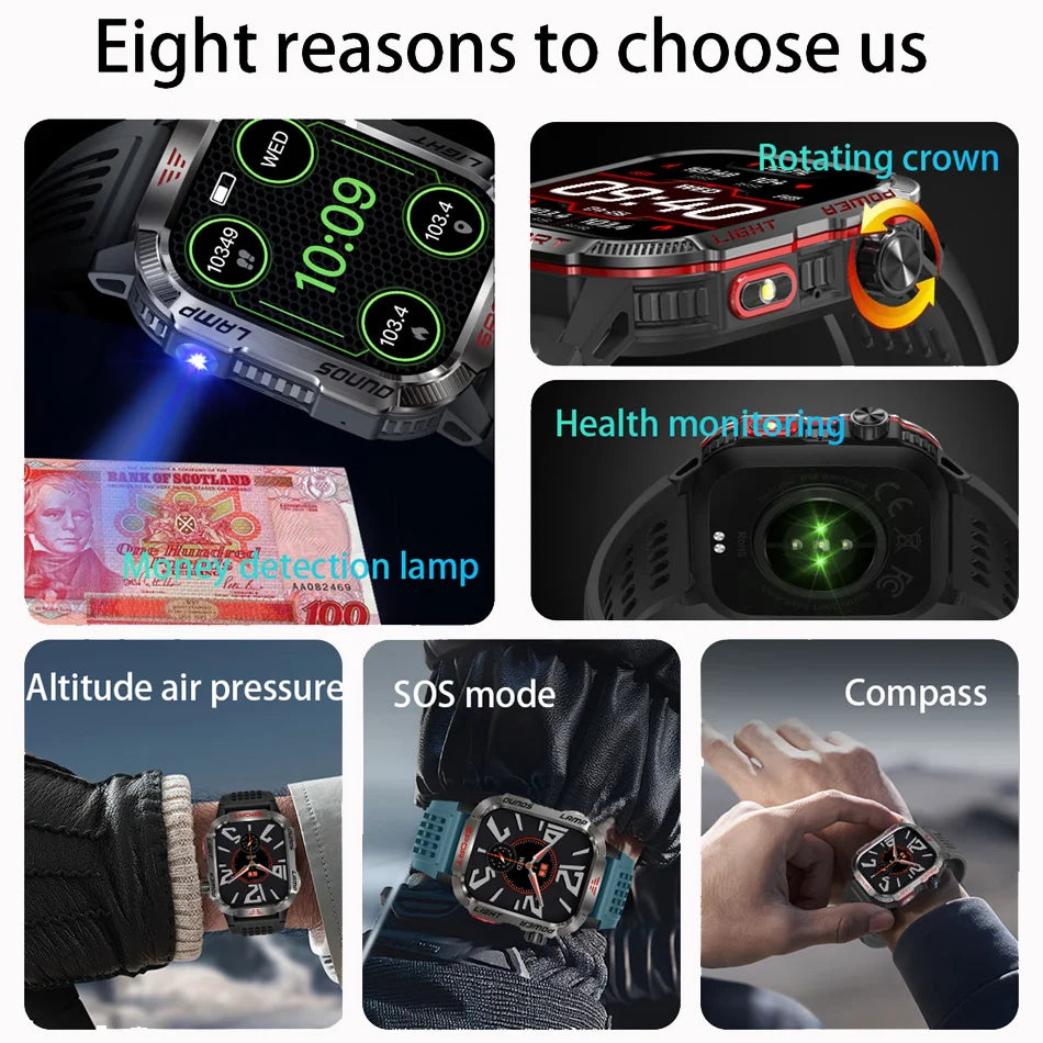 Militär Smartwatch mit Blutdruckmessung, GPS, Kompass & wasserdichtem Design