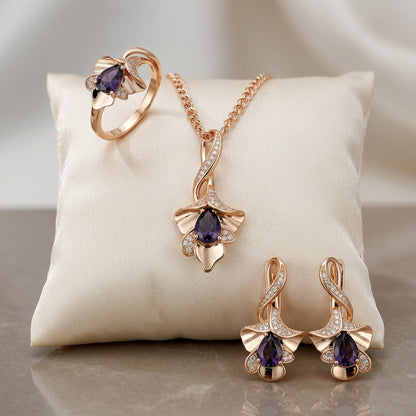 Schmuckset Lila Blume Zirkon Ring Ohrringe Halskette 585 Roségold Vintage