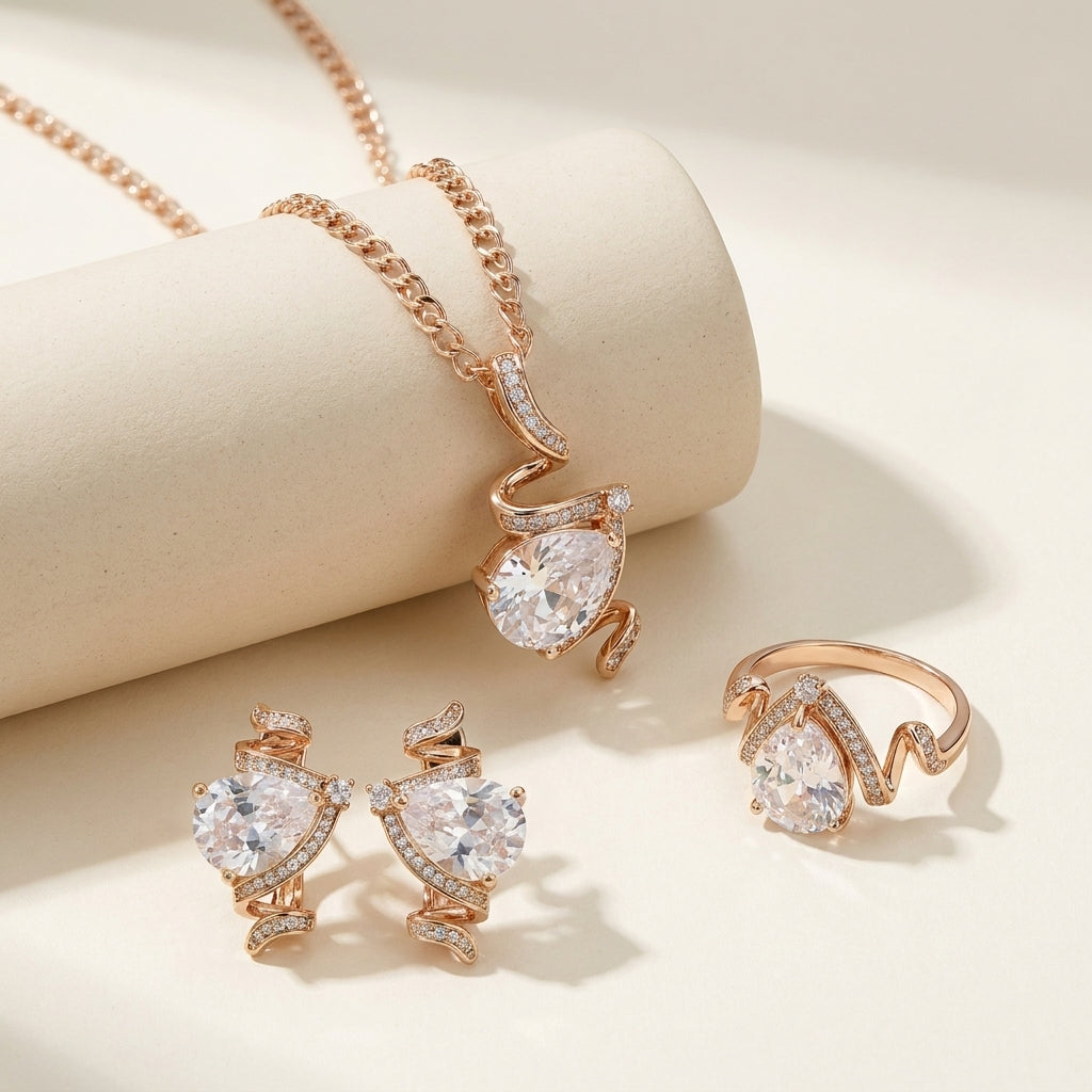 Schmuckset Zirkon Ring Ohrringe Halskette 585 Roségold Hochzeit