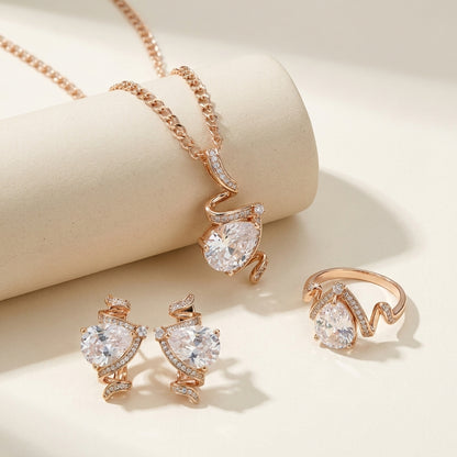 Schmuckset Zirkon Ring Ohrringe Halskette 585 Roségold Hochzeit