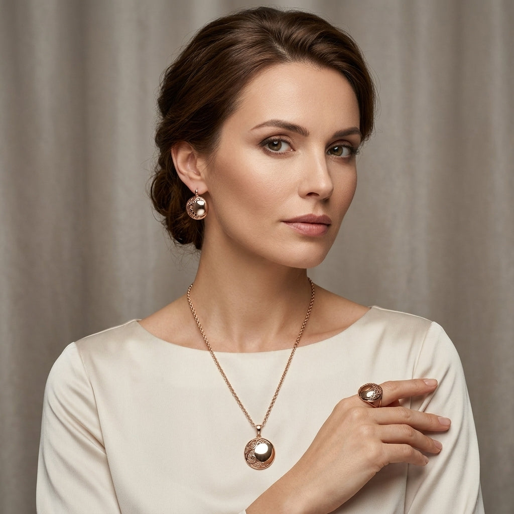 Schmuckset Blau Zirkon Ring Ohrringe Halskette 585 Roségold Glänzend