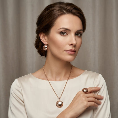 Schmuckset Blau Zirkon Ring Ohrringe Halskette 585 Roségold Glänzend