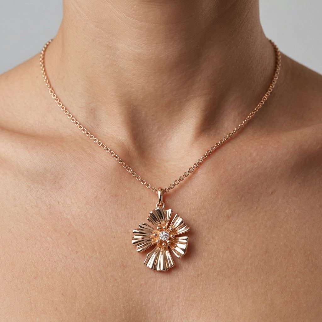 Schmuckset Blume Zirkon Ring Ohrringe Halskette 585 Roségold