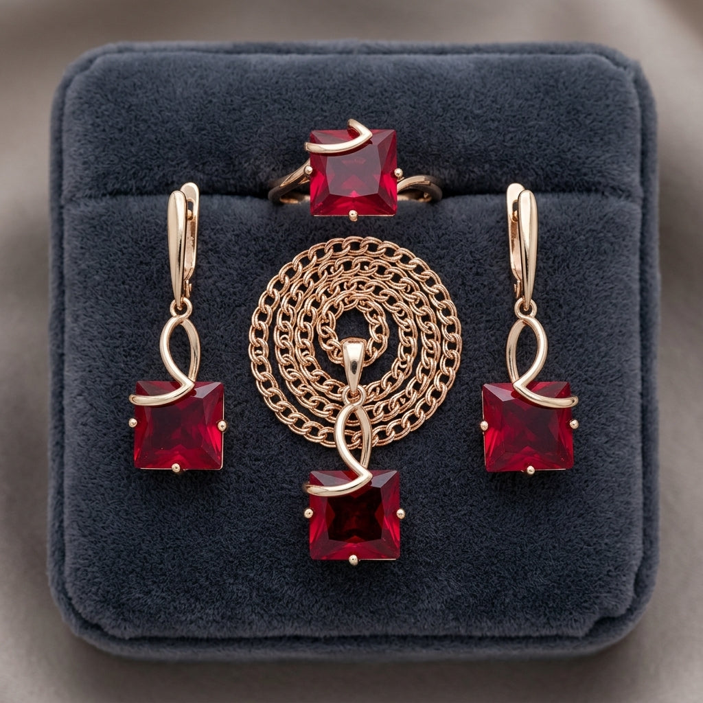 Schmuckset Rot Zirkon Ring Ohrringe Halskette 585 Roségold
