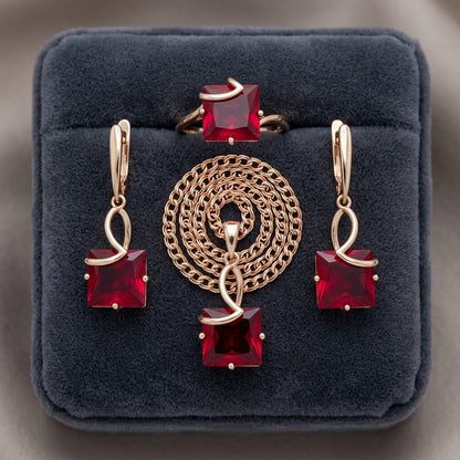Schmuckset Rot Zirkon Ring Ohrringe Halskette 585 Roségold