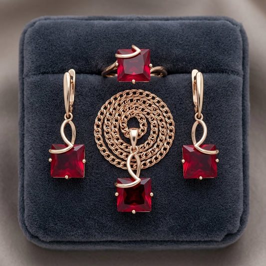 Schmuckset Rot Zirkon Ring Ohrringe Halskette 585 Roségold