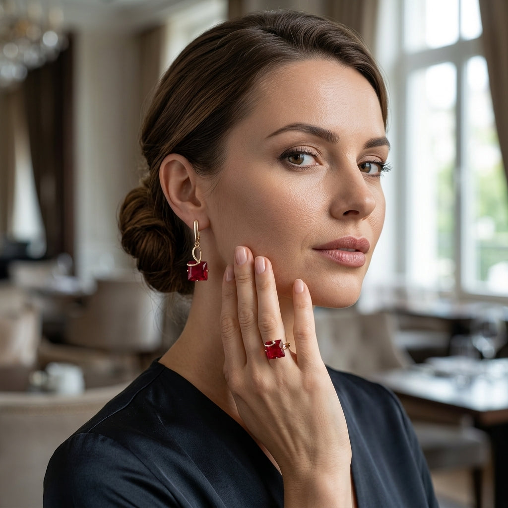 Schmuckset Rot Zirkon Ring Ohrringe Halskette 585 Roségold