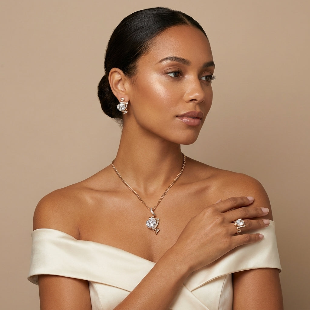 Schmuckset Zirkon Ring Ohrringe Halskette 585 Roségold Hochzeit