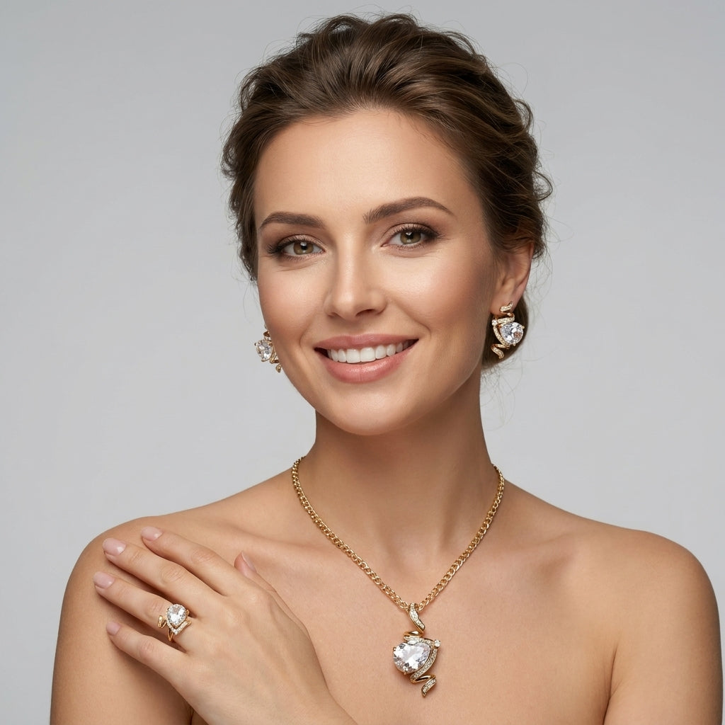 Schmuckset Zirkon Ring Ohrringe Halskette 585 Roségold Hochzeit
