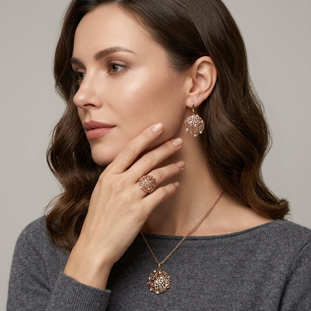Schmuckset Zirkon Ring Ohrringe Halskette 585 Roségold Ethnisch