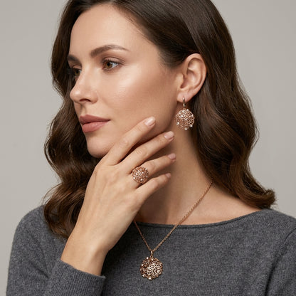 Schmuckset Zirkon Ring Ohrringe Halskette 585 Roségold Ethnisch