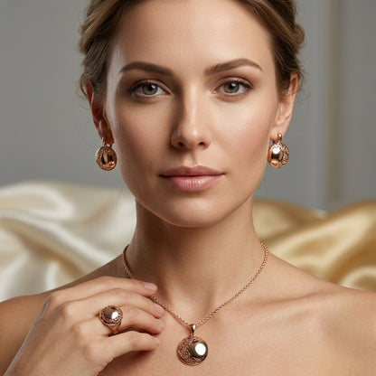 Schmuckset Blau Zirkon Ring Ohrringe Halskette 585 Roségold Glänzend