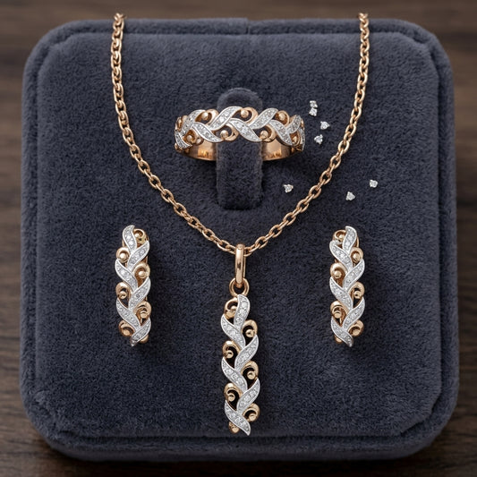 Parure Zircon Bague Boucles d'Oreilles Collier 585 Or Rose Mariage