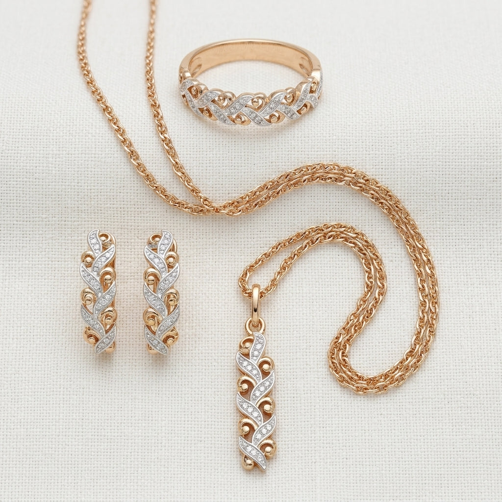 Schmuckset Zirkon Ring Ohrringe Halskette 585 Roségold Hochzeit