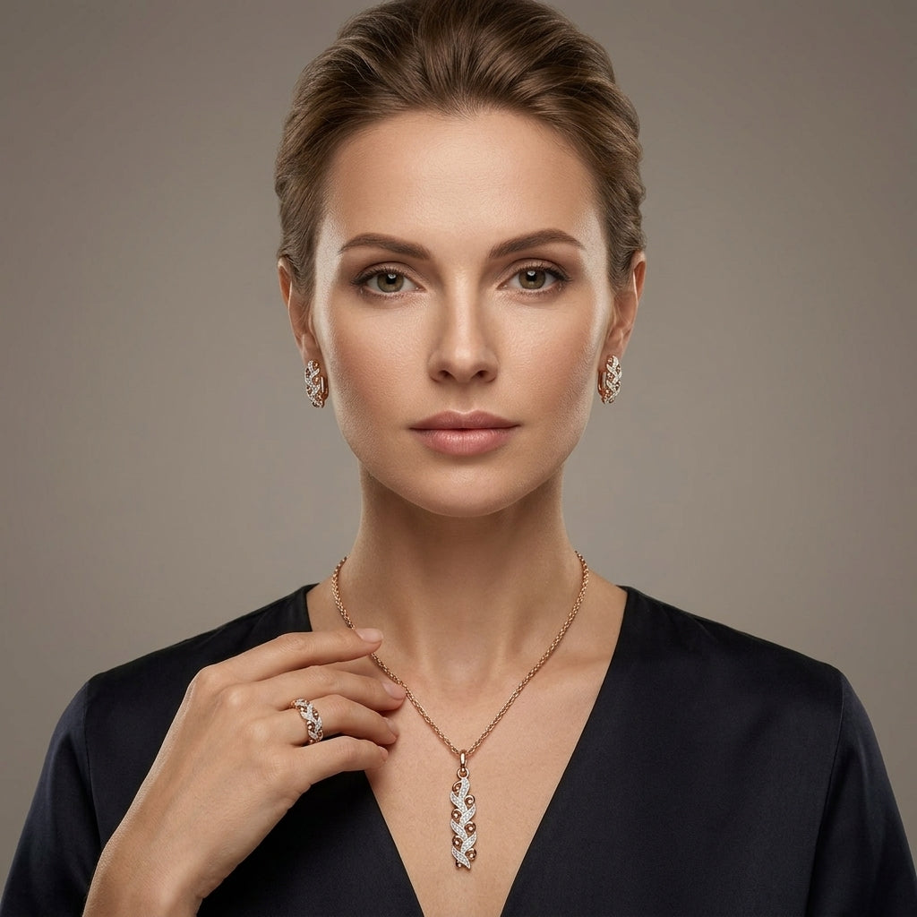 Schmuckset Zirkon Ring Ohrringe Halskette 585 Roségold Hochzeit