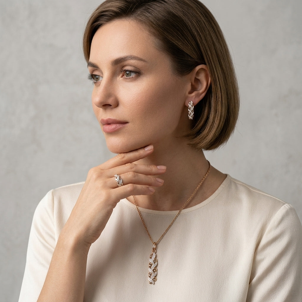 Schmuckset Zirkon Ring Ohrringe Halskette 585 Roségold Hochzeit