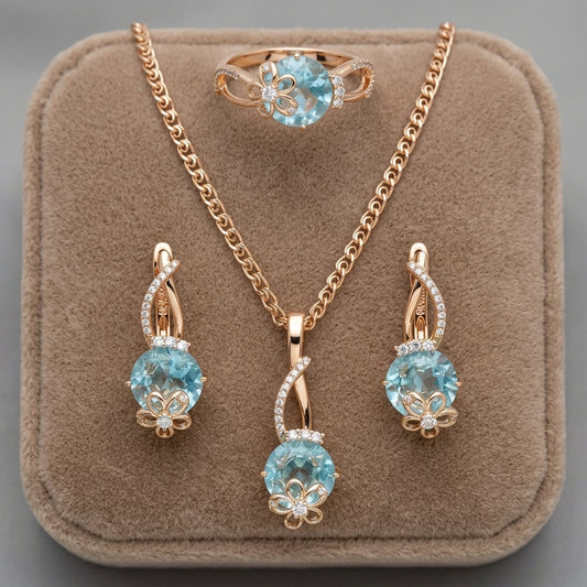 Parure Zircon Bleu Bague Boucles d'Oreilles Collier 585 Or Rose Vintage