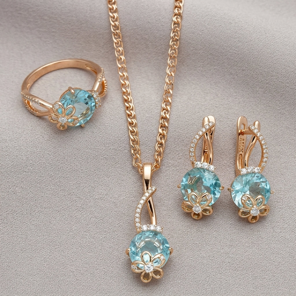 Schmuckset Blau Zirkon Ring Ohrringe Halskette 585 Roségold Vintage