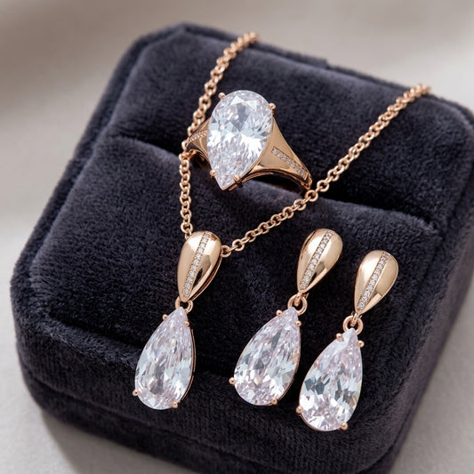 Parure Zircon Blanc Goutte Bague Boucles d'Oreilles Collier 585 Or Rose