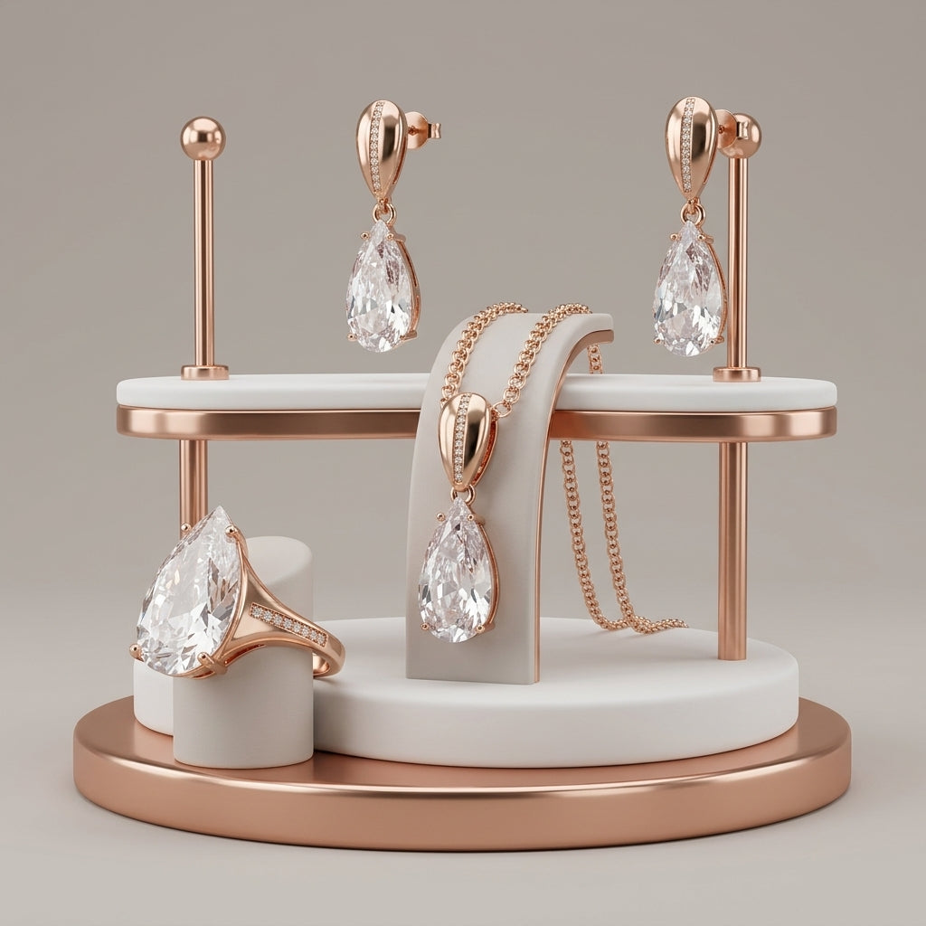 Schmuckset Weiß Tropfen Zirkon Ring Ohrringe Halskette 585 Roségold