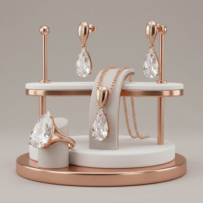 Schmuckset Weiß Tropfen Zirkon Ring Ohrringe Halskette 585 Roségold