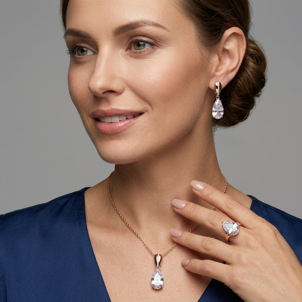 Schmuckset Weiß Tropfen Zirkon Ring Ohrringe Halskette 585 Roségold