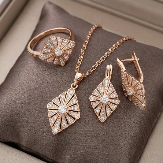 Parure Zircon Bague Boucles d'Oreilles Collier 585 Or Rose Mariage
