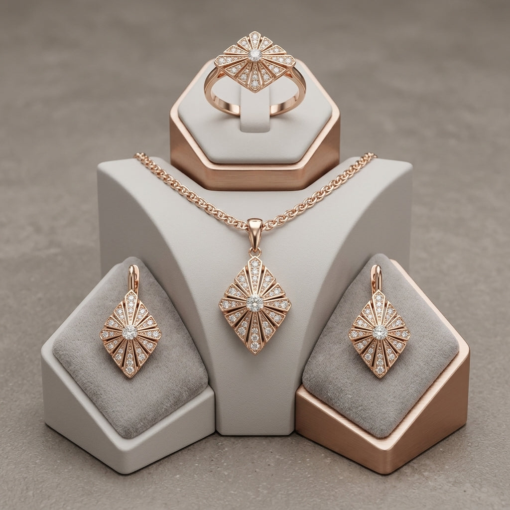 Schmuckset Zirkon Ring Ohrringe Halskette 585 Roségold Hochzeit
